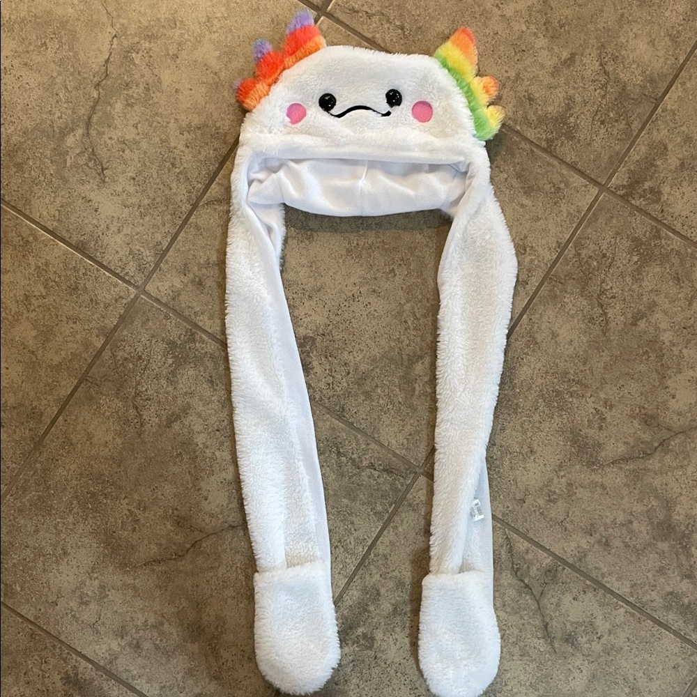 Cute White Plush Axalotl Hat with Rainbow Accents